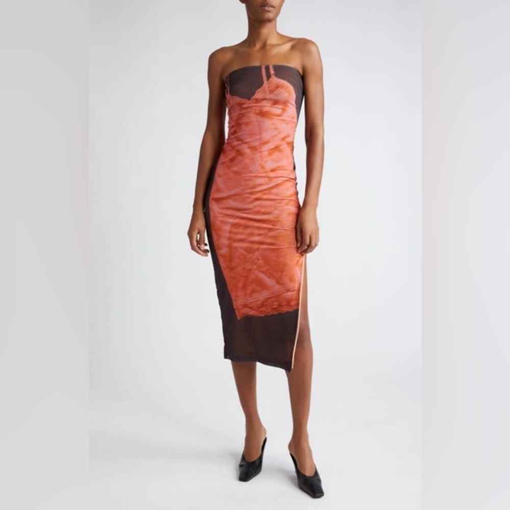 Miaou Lila Trompe stretched Vibrant Orange and Black Midi Dress